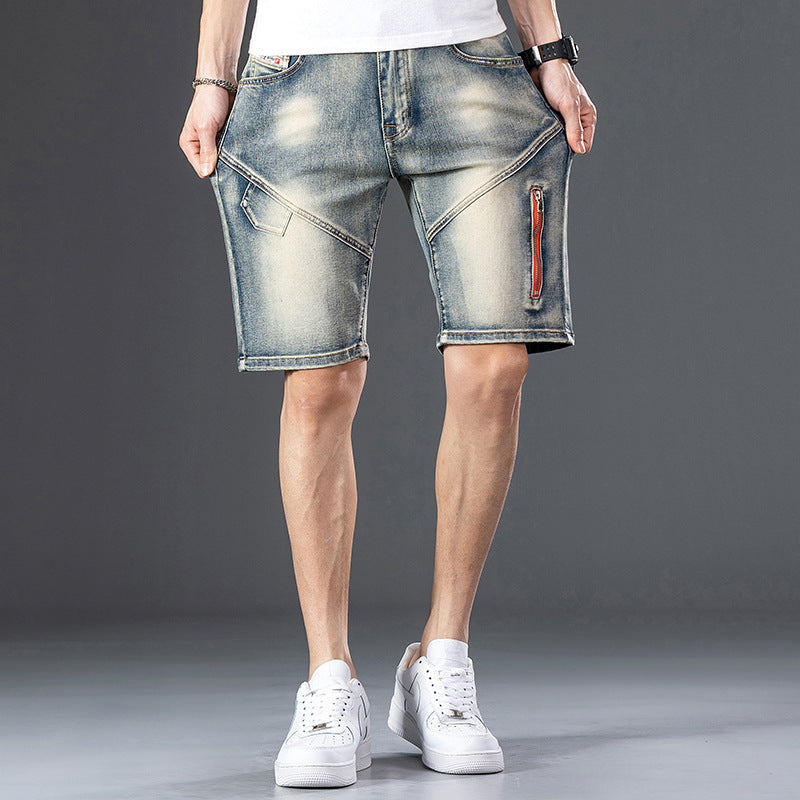 Decorative Zipper Stitching Casual Five-point Denim Shorts Men