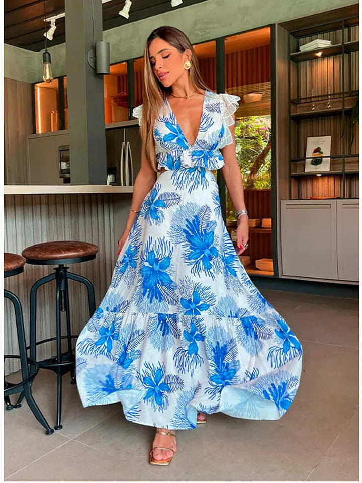 Blue Printed Deep V-neck Backless Hollow-out Midriff Dress