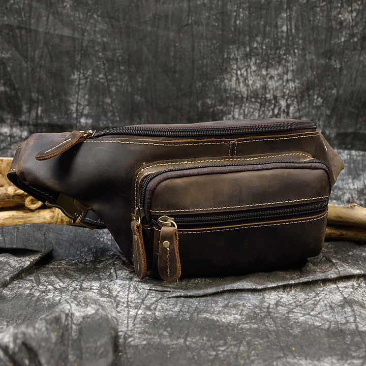 Retro Leather Fanny Pack Men's Crazy Horse Leather Chest Bag