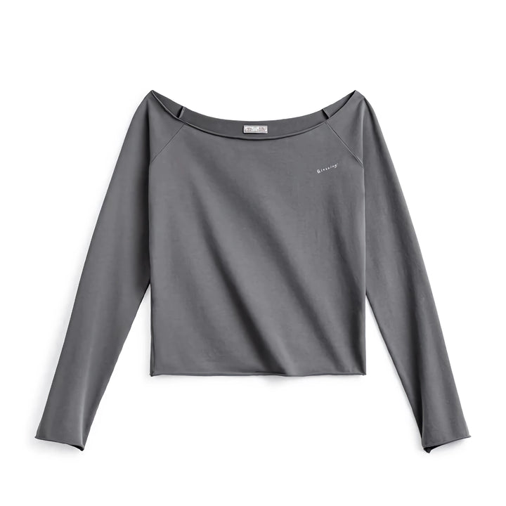 Elegant Slash Neck Long-Sleeved Gray T-Shirt for Women