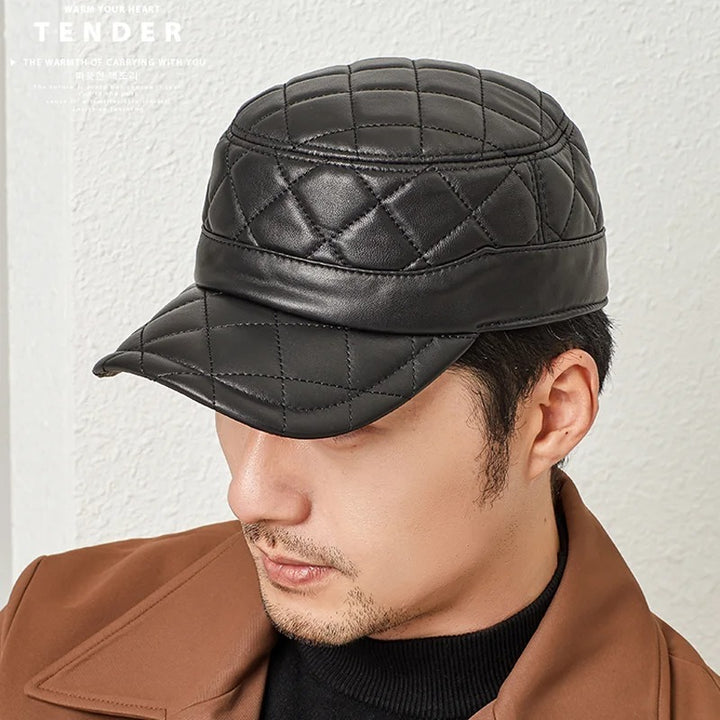 First Layer Sheepskin Hat Men's Rhombus Dome Peaked Cap