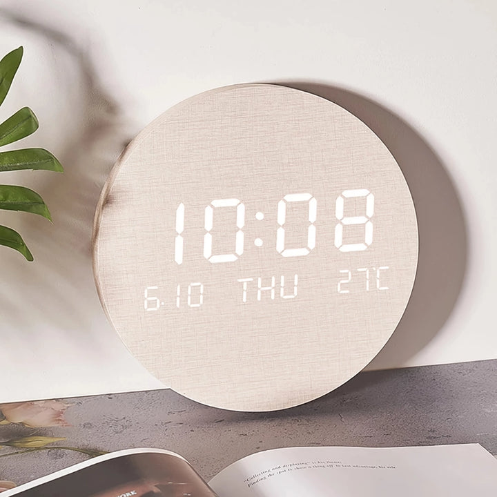 LED Wooden Wall Clock with Temperature Display, Silent Nordic Style