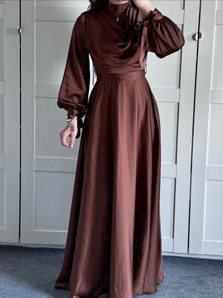 Satin Plunge Collar Long-Sleeve Strappy Maxi Dress