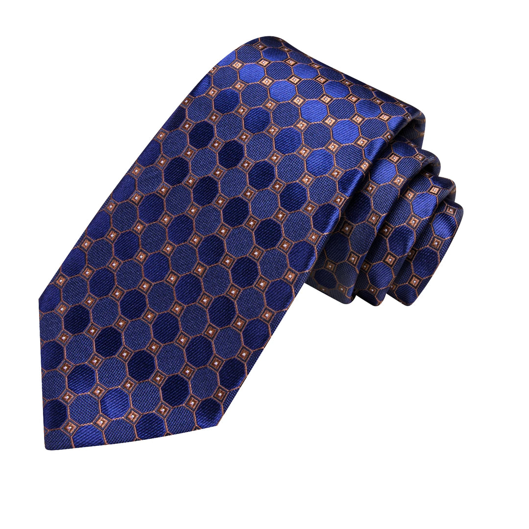 Navy Blue and Gold Plaid Silk Necktie Set with Cufflinks & Pocket Square for Men