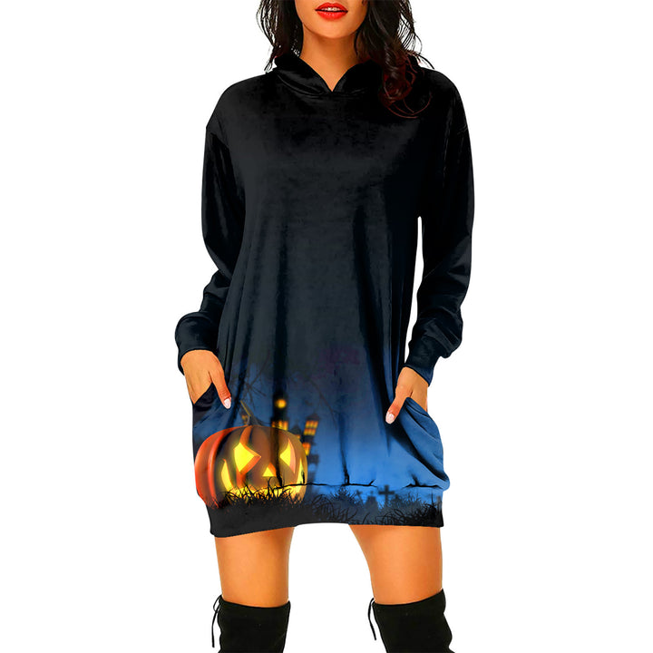 Halloween Theme Women's Pullover Hooded Sweater Dress