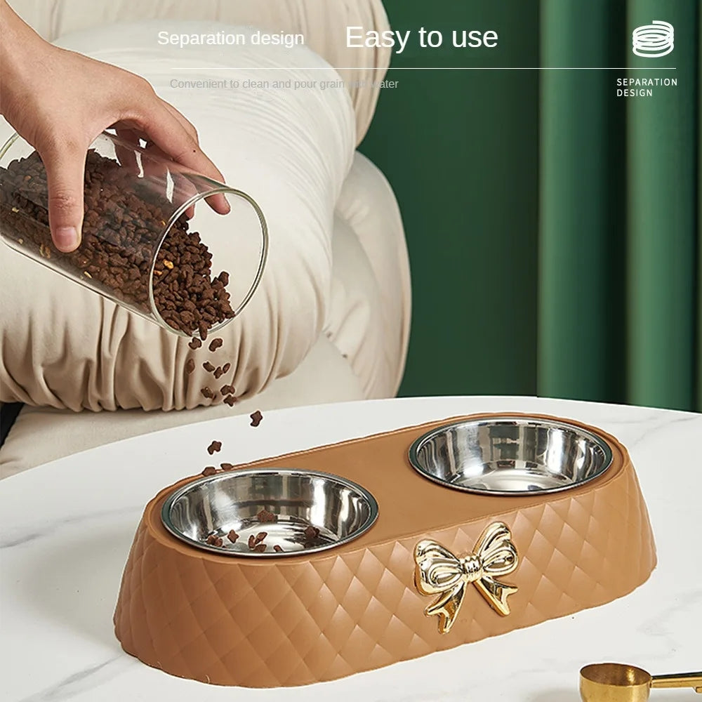 Luxury Double Pet Feeding Bowl with Bow-tie Design