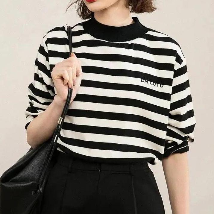 Half High Collar Stripe Long Sleeve T-Shirt