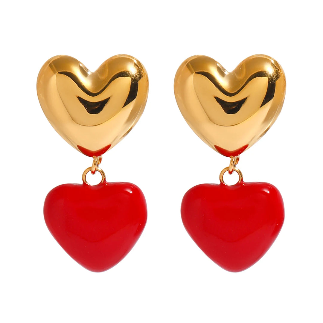 18K Gold Plated Red Heart Pendant Earrings for Women