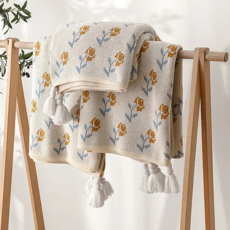 Floral Knitted Throw Blanket