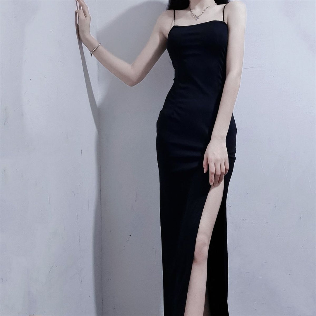 Young Hot Girl Pure Desire Style Design Sense Adult Lady Like Woman Black Slit Hip Dress