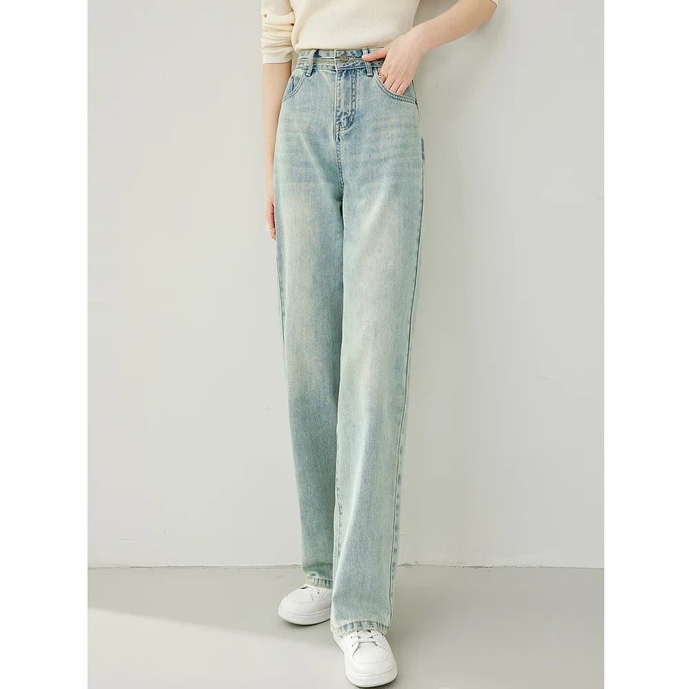 High Waist Wide Leg Denim Pants for Women - Retro Light Blue Casual Trousers