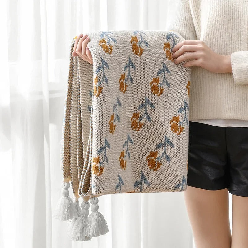 Floral Knitted Throw Blanket