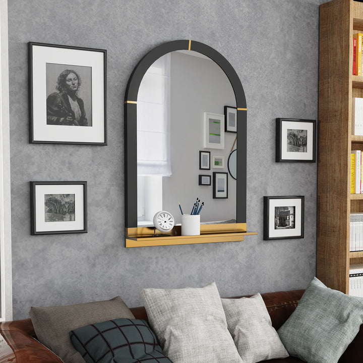 Arched Black and Gold Wall Mirror with Decorative Shelf