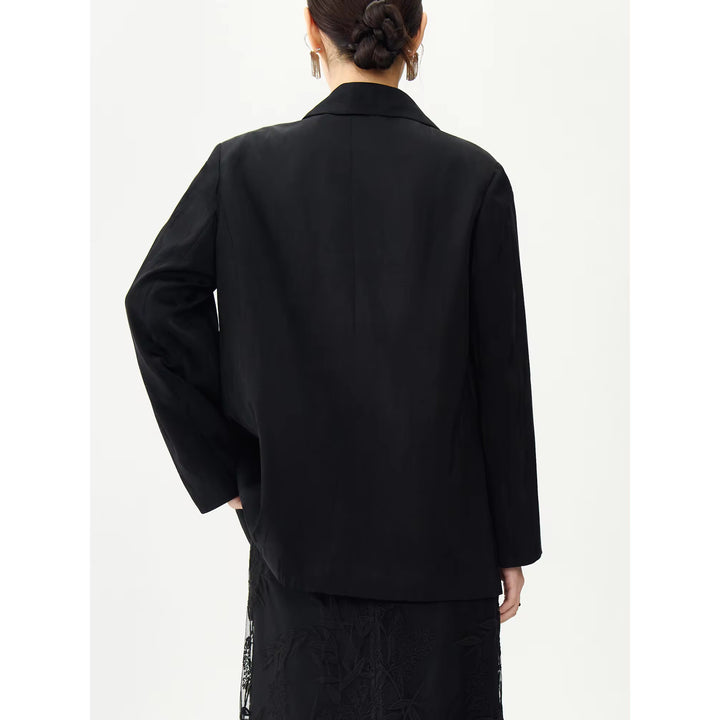 Elegant Black Blazer Coat with Neckline Ribbon Design for Office Ladies