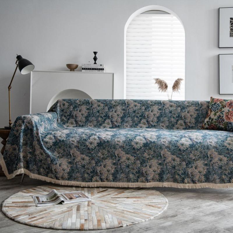 American Style Blue Flower Jacquard Sofa Slipcover