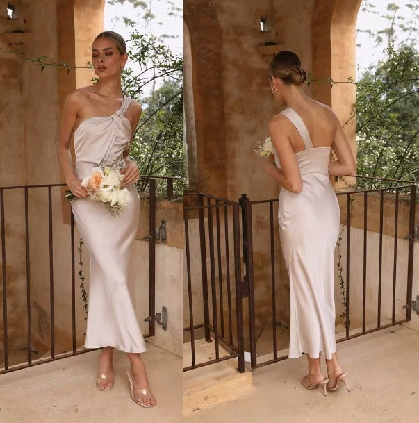 Champagne Colored Satin Covered Simple Dress