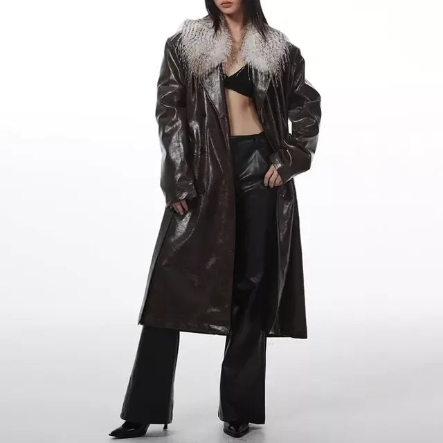PU Leather Overcoat with Detachable Fur Collar & Belt