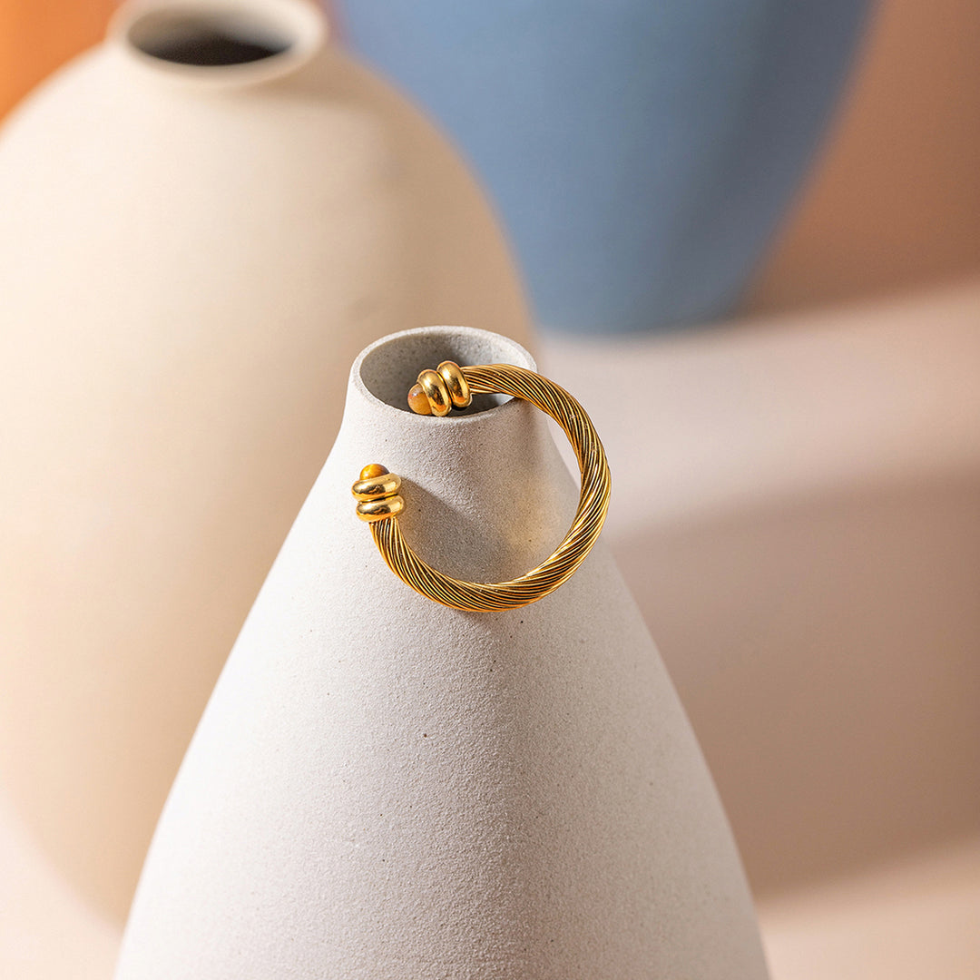 18K Gold Plated C-Shaped Twisty Open Ring with Natural Stone