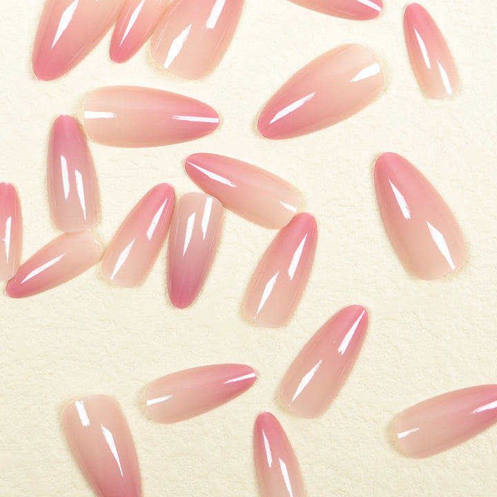 Gradient Pink Almond Glossy Fake Nail Set