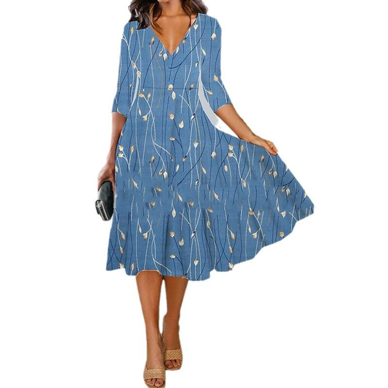 Knitted Loose Digital Positioning Printed V-neck Dress