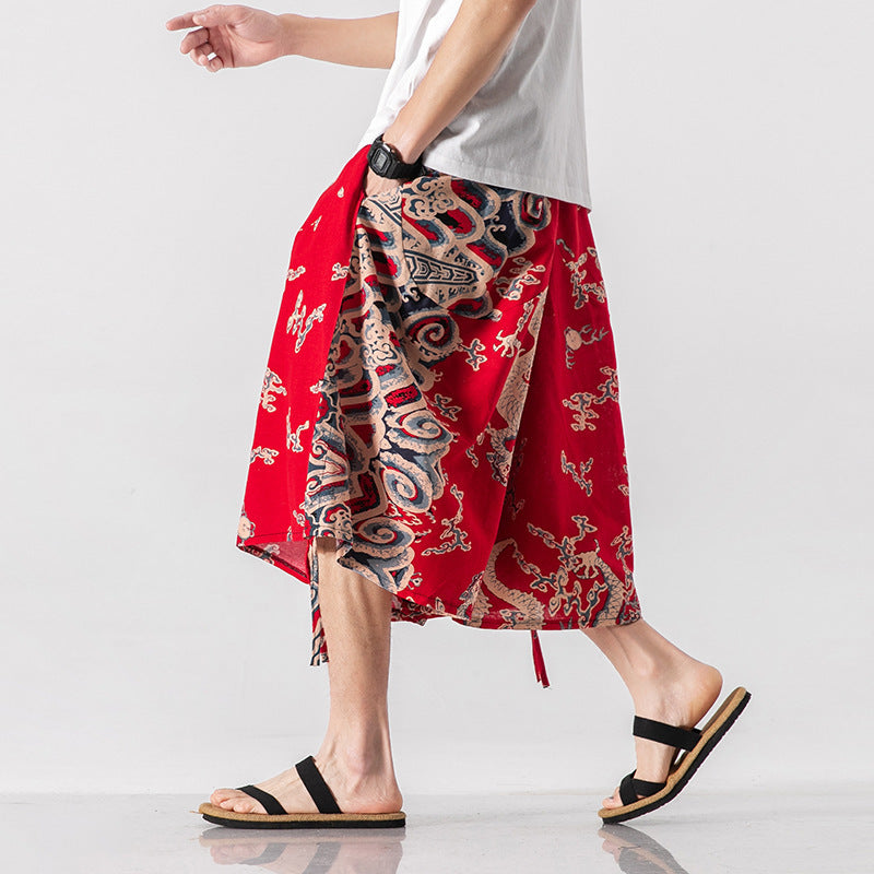 Men's Loose-fitting Chinese Style Elephant Flower Cropped Large Trunks Radish Beach Flower Pants