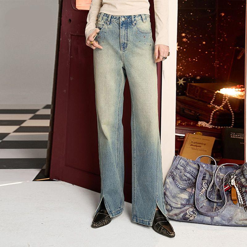 Washed Blue Retro Casual Color Diamond Split Straight Jeans for Women