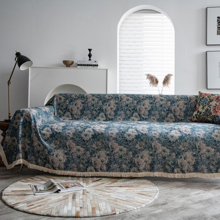 American Style Blue Flower Jacquard Sofa Slipcover