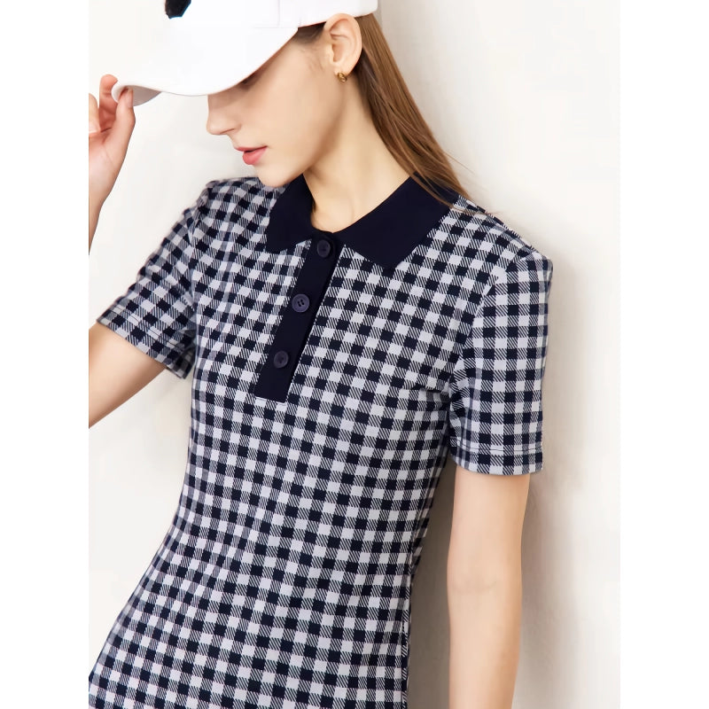 Checkerboard Slim Polo Collar Dress