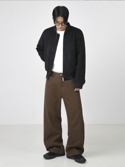 Washed Cotton Retro Brown Straight-leg Trousers