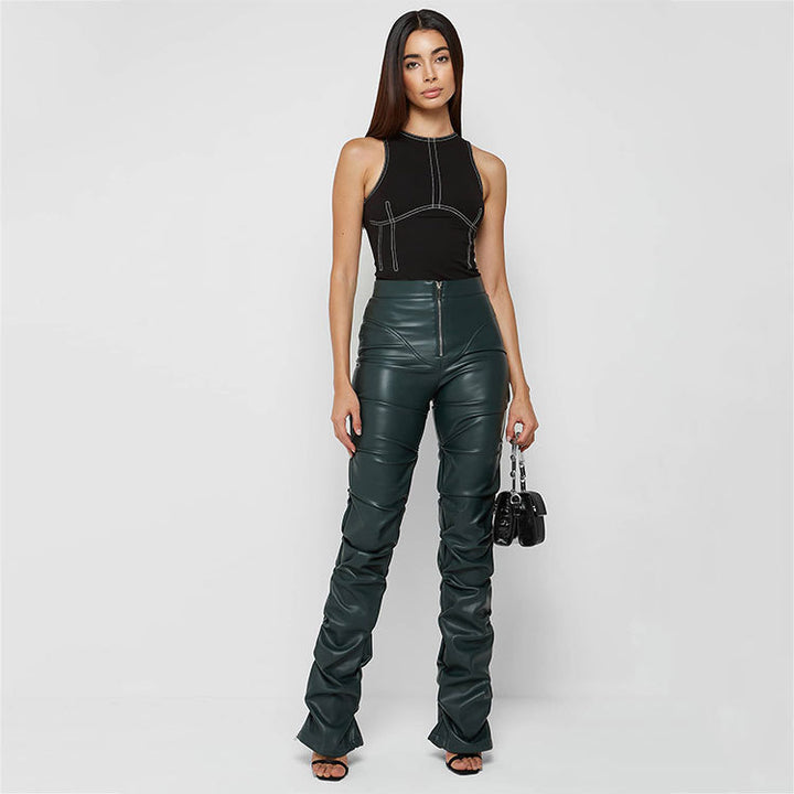 European And American Fashion Tight PU Leather Trousers Personalized Shrinkage Bootcut Trousers Women