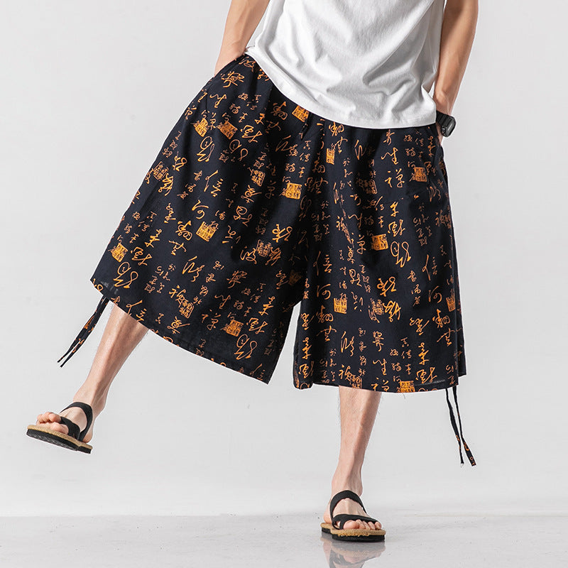 Men's Loose-fitting Chinese Style Elephant Flower Cropped Large Trunks Radish Beach Flower Pants