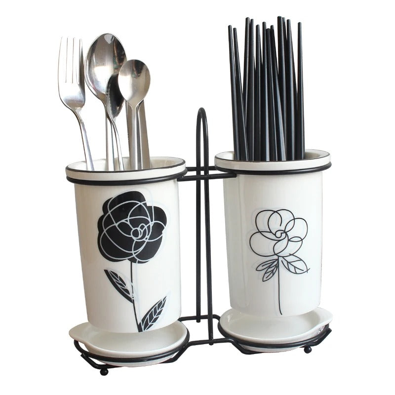 Ceramic Chopsticks and Utensil Storage Set with Drainage Rack