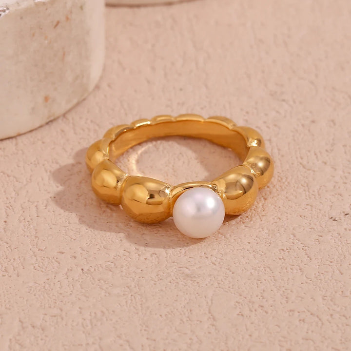 Lace Wave Pearl Ring, 18K Gold Plated, Waterproof Stainless Steel Jewelry