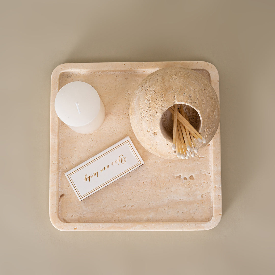 Beige Travertine Stone Match Holder and Toothpick Jar