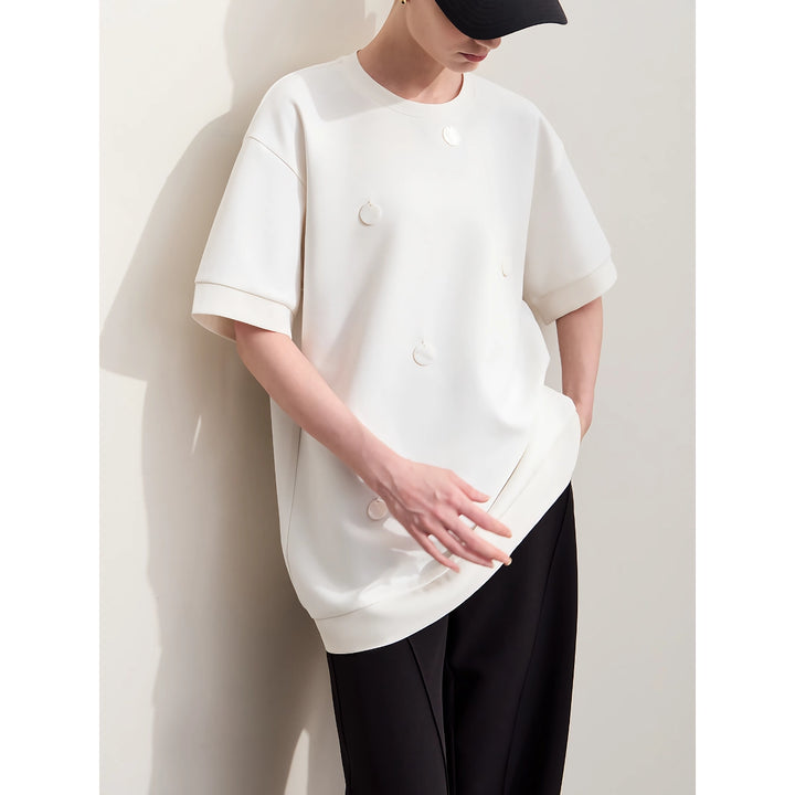 Minimalist Autumn Shell Decoration Loose Casual T-Shirt for Women