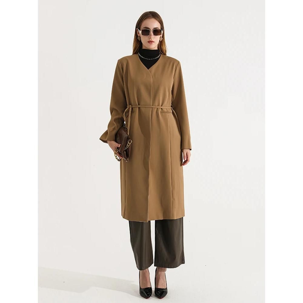 Elegant Women's Full-Length Trench Coat with Lace-Up Waist and Full Sleeves