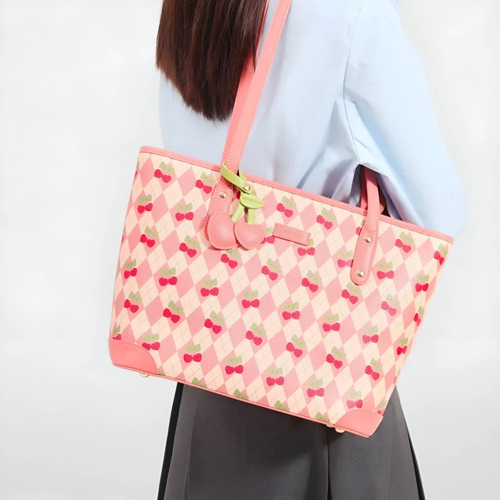 Large Capacity Cherry Print PVC Tote Bag