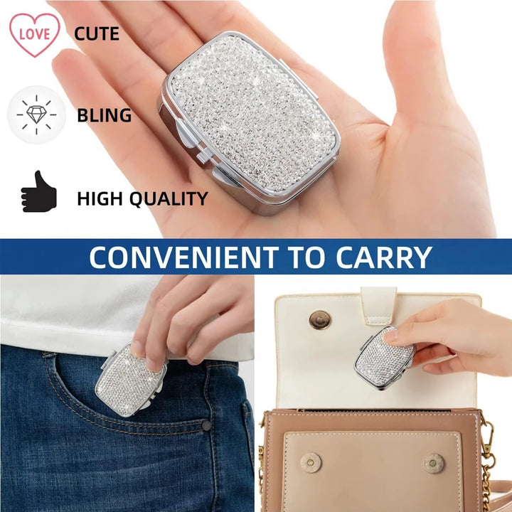 Portable Crystal Diamond Travel Pill Organizer with 2 Compartments