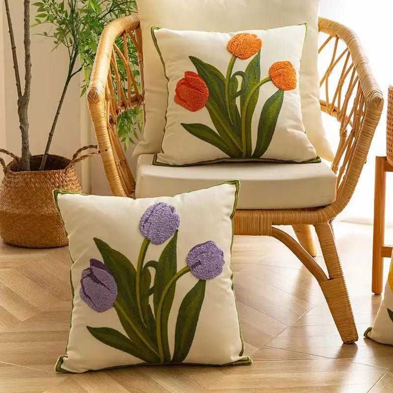 Floral Embroidered Tulip & Orchid Cushion Cover