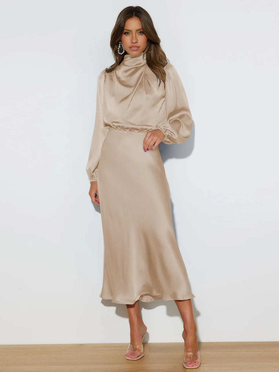 Elegant Satin Long-Sleeved Ruched Slim Dress for Evening and Parties – Autumn