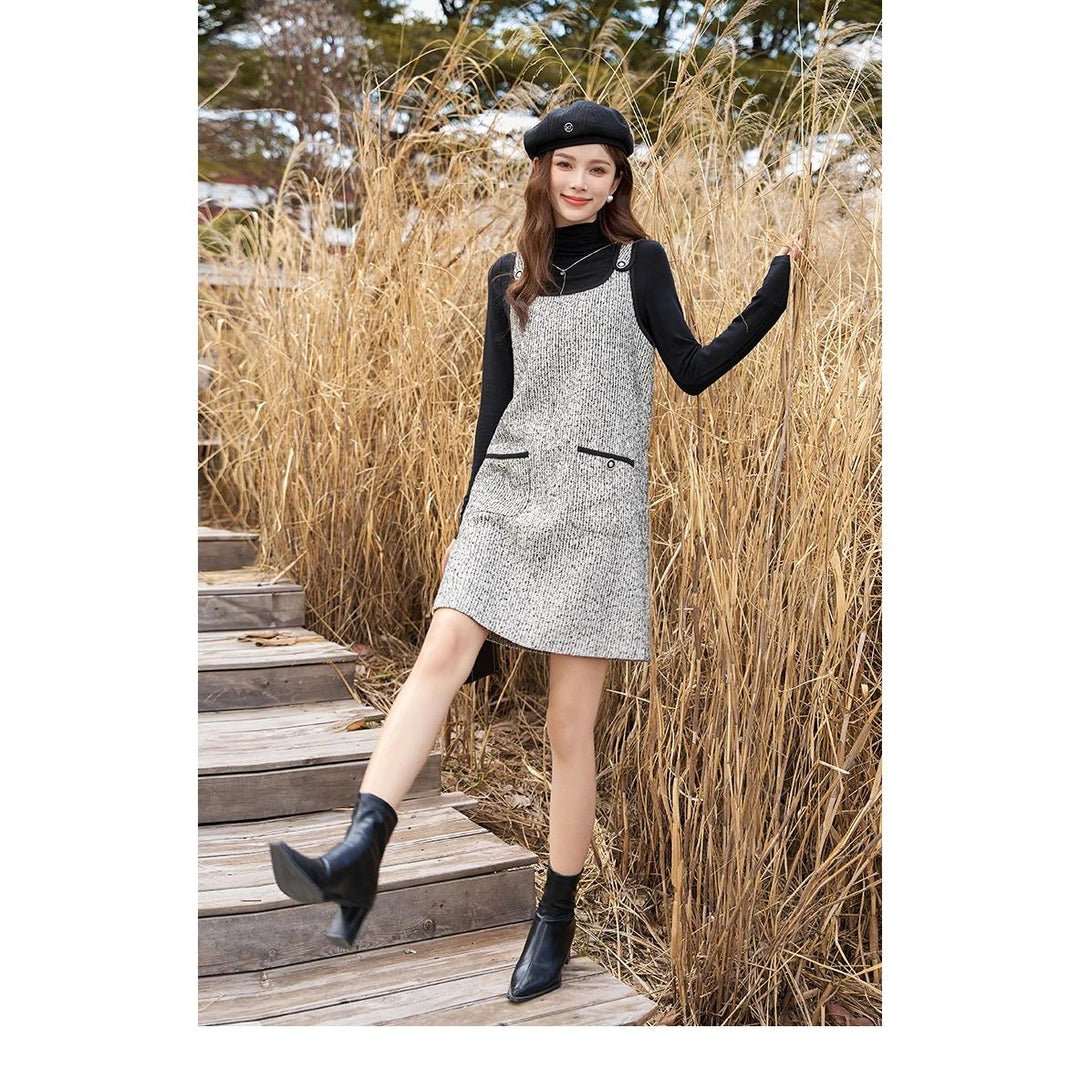 Elegant Women's Knee-Length Tweed Suspender Dress