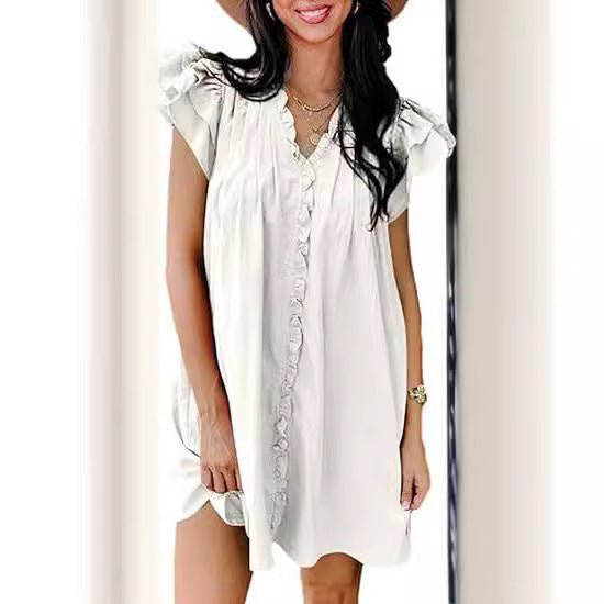 European And American Fashion V-neck Flounce Short Sleeve Dress Women