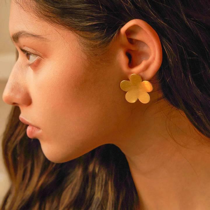 18K Gold Plated Stainless Steel Frosted Flower Stud Earrings