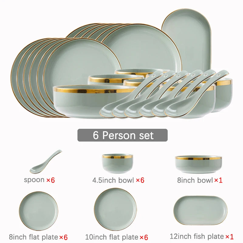 Classical Nordic Bone China Plates Set with Golden Edge, Porcelain Light Green Dinnerware for Elegant Dining