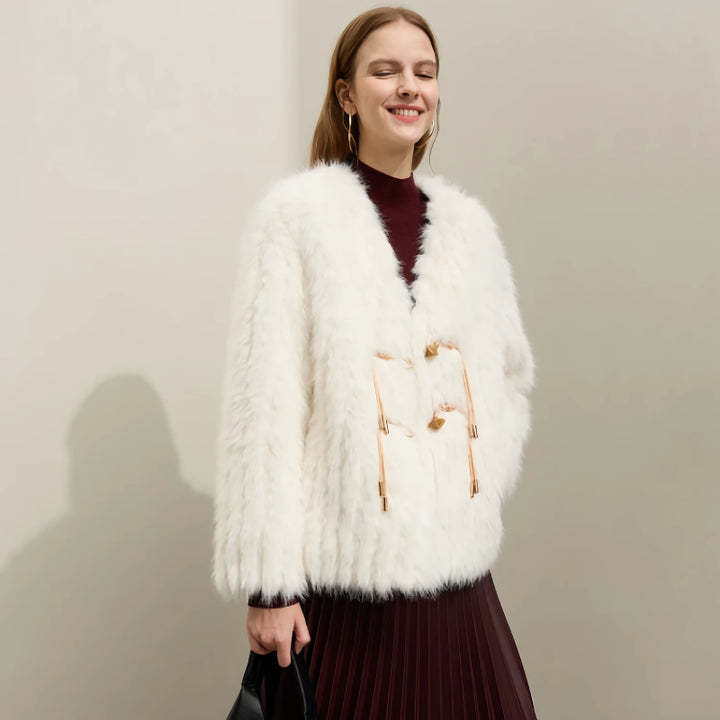 Elegant Loose Fur V-neck Coat with Leather Buckle