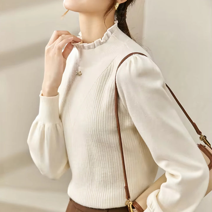 Elegant Puff Sleeve Knit Sweater with Love Brooch