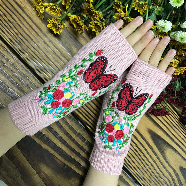 Butterfly Floral Long Warm Women's Knitted Gloves