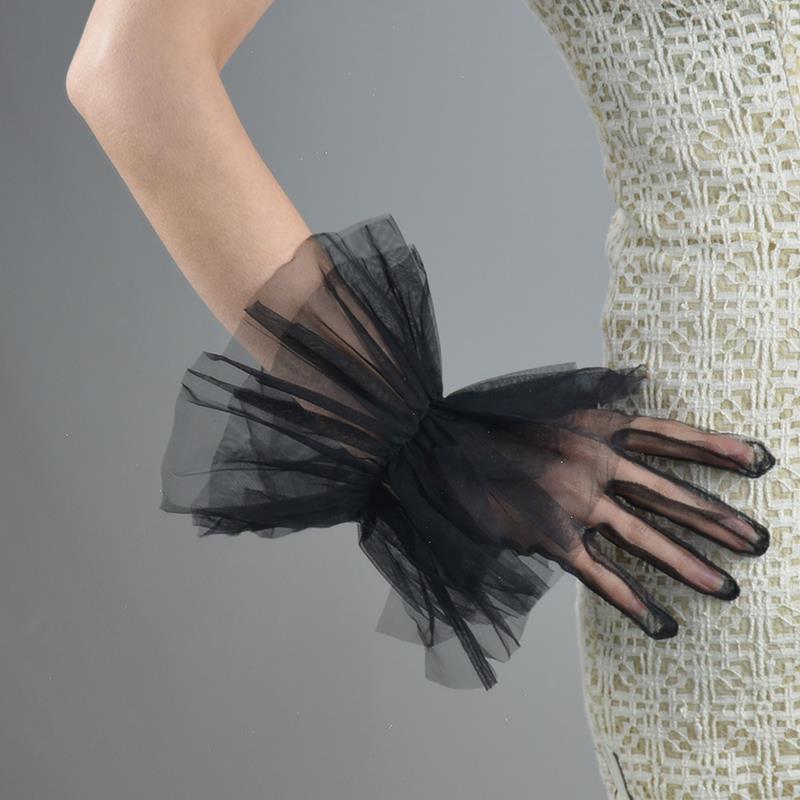 Black Silk Short Gloves 20cm Oversized And Wide Flying Lace