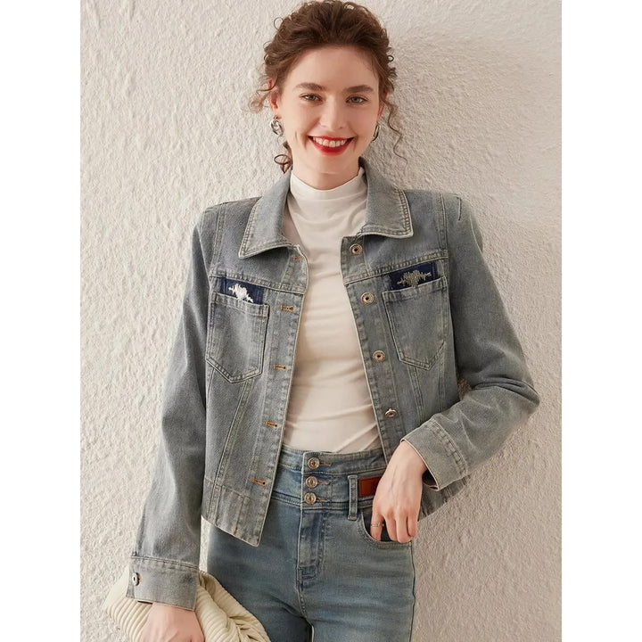 Spring Retro Washed Denim Jacket with Turn Down Collar