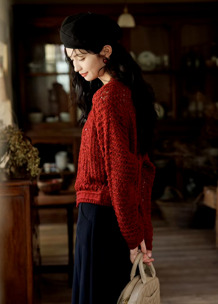 Vintage Red Loose Fit Knitted Cardigan